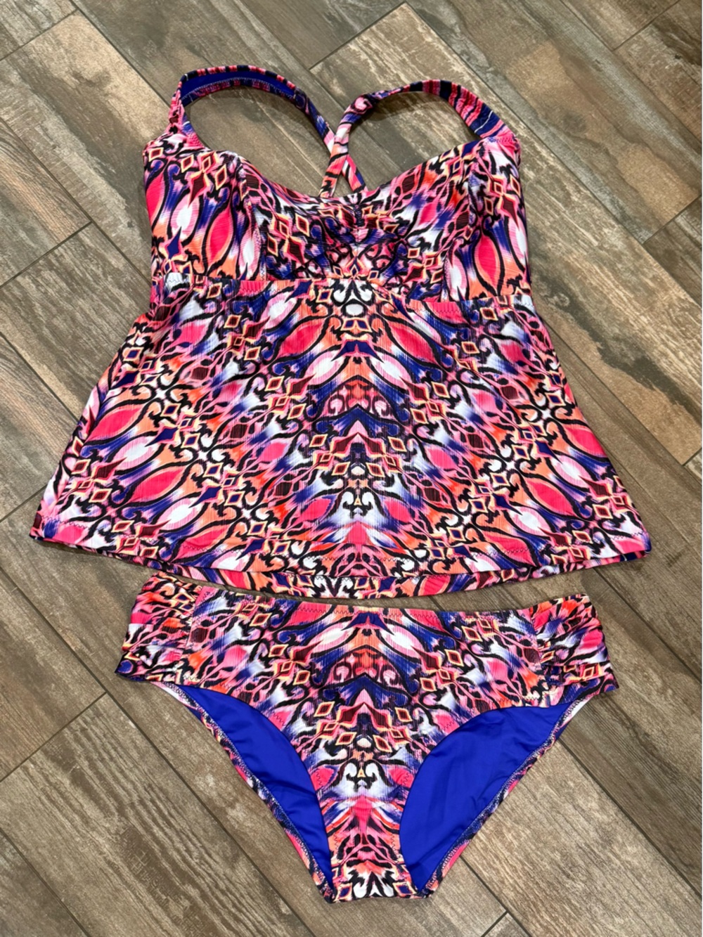 BECCA Womens Multicolor Pink Blue Tankini Swim Set